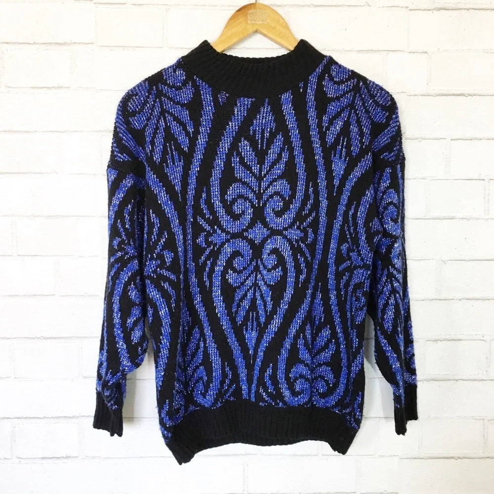 Vintage 80s 70s Blue Sparkle Glitter Patterned Mock Neck Sweater Top